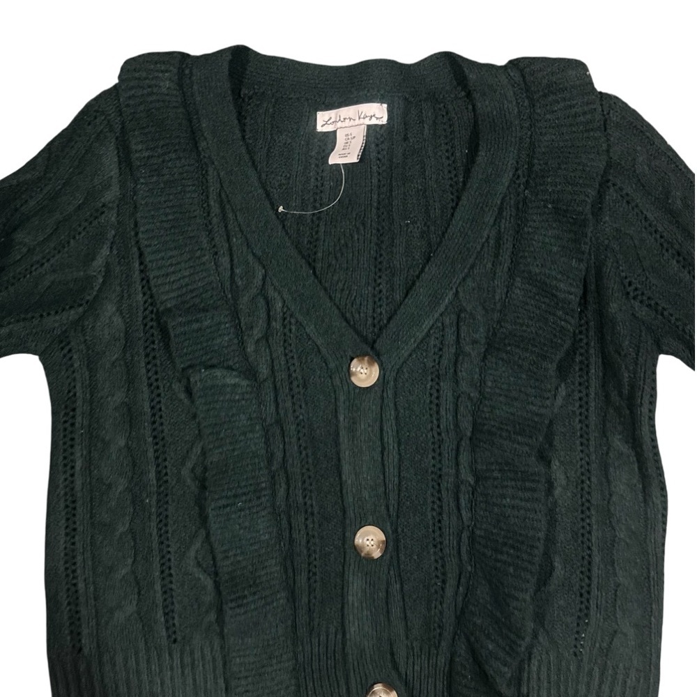 London Kaye Dark Green Ruffled Cardigan Button Sweater Size Small - Picture 2 of 12